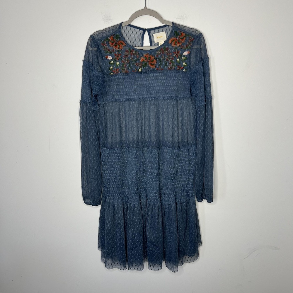 Maeve Dress Womens Small Blue Floral Embroidered Mesh Long Sleeve Swing Boho